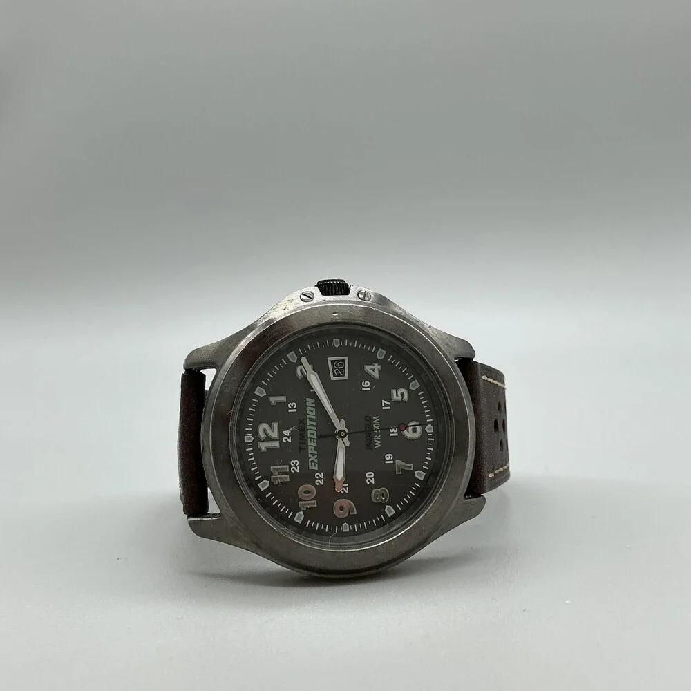 Timex Expedition Indiglo Mens Watch 40mm Gray Dial Brown Leather 50M New Battery